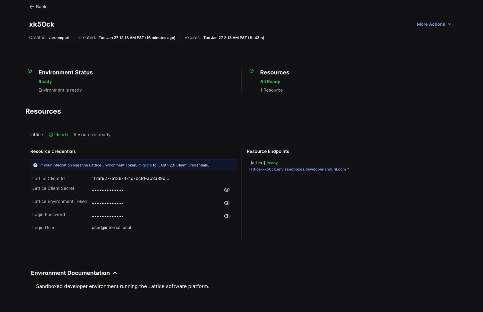 Shows the environment details page