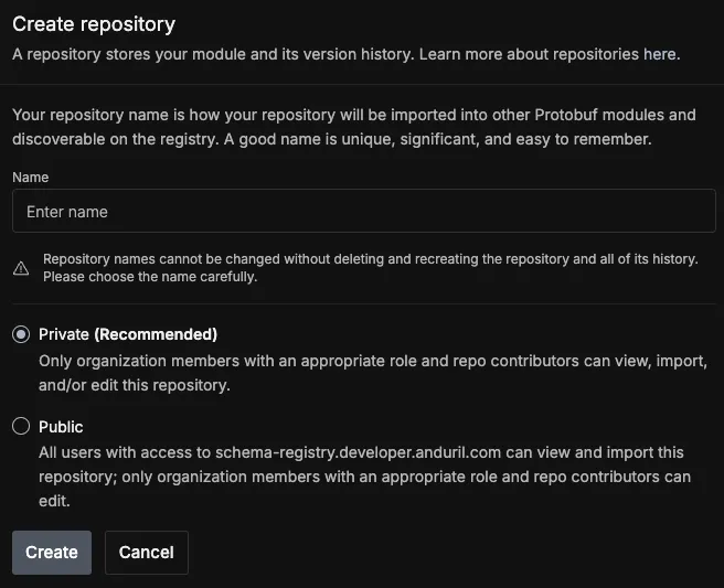 Create Repository dialog with fields for name and visibility