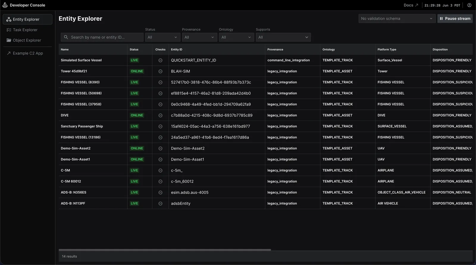 Shows the Entity Explorer in the Lattice Developer Console.