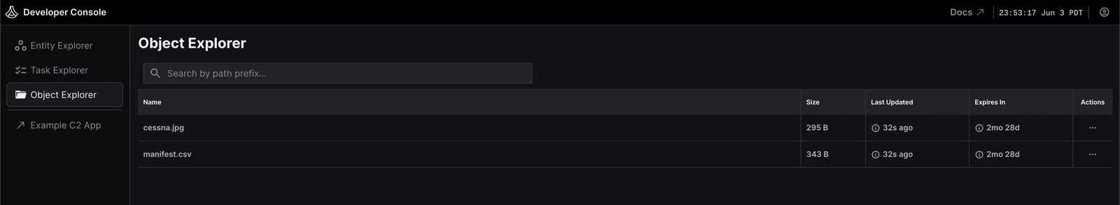 Shows the uploaded object in the Object Explorer in the Lattice Developer Console.