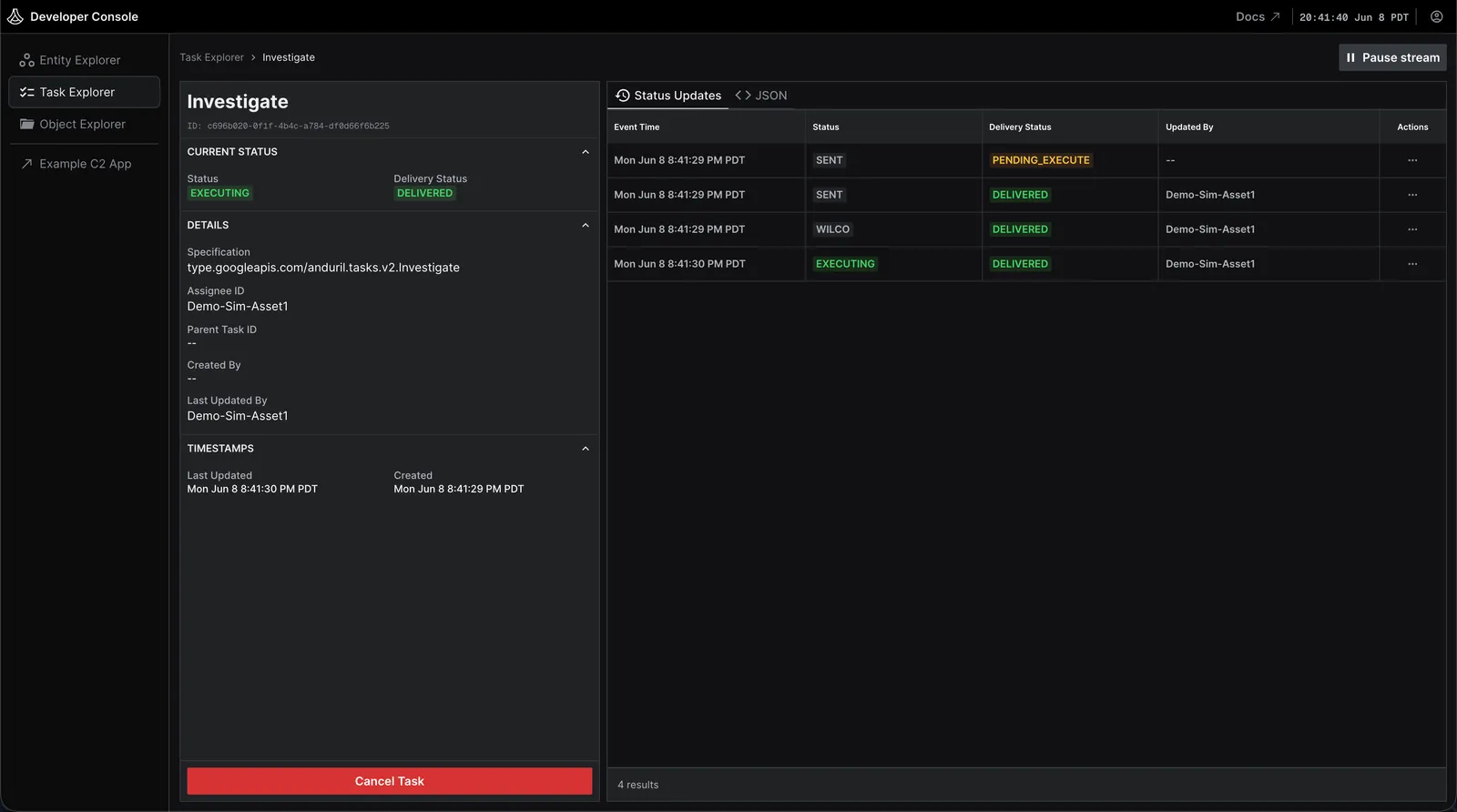 Shows the Task Explorer in the Lattice Developer Console.