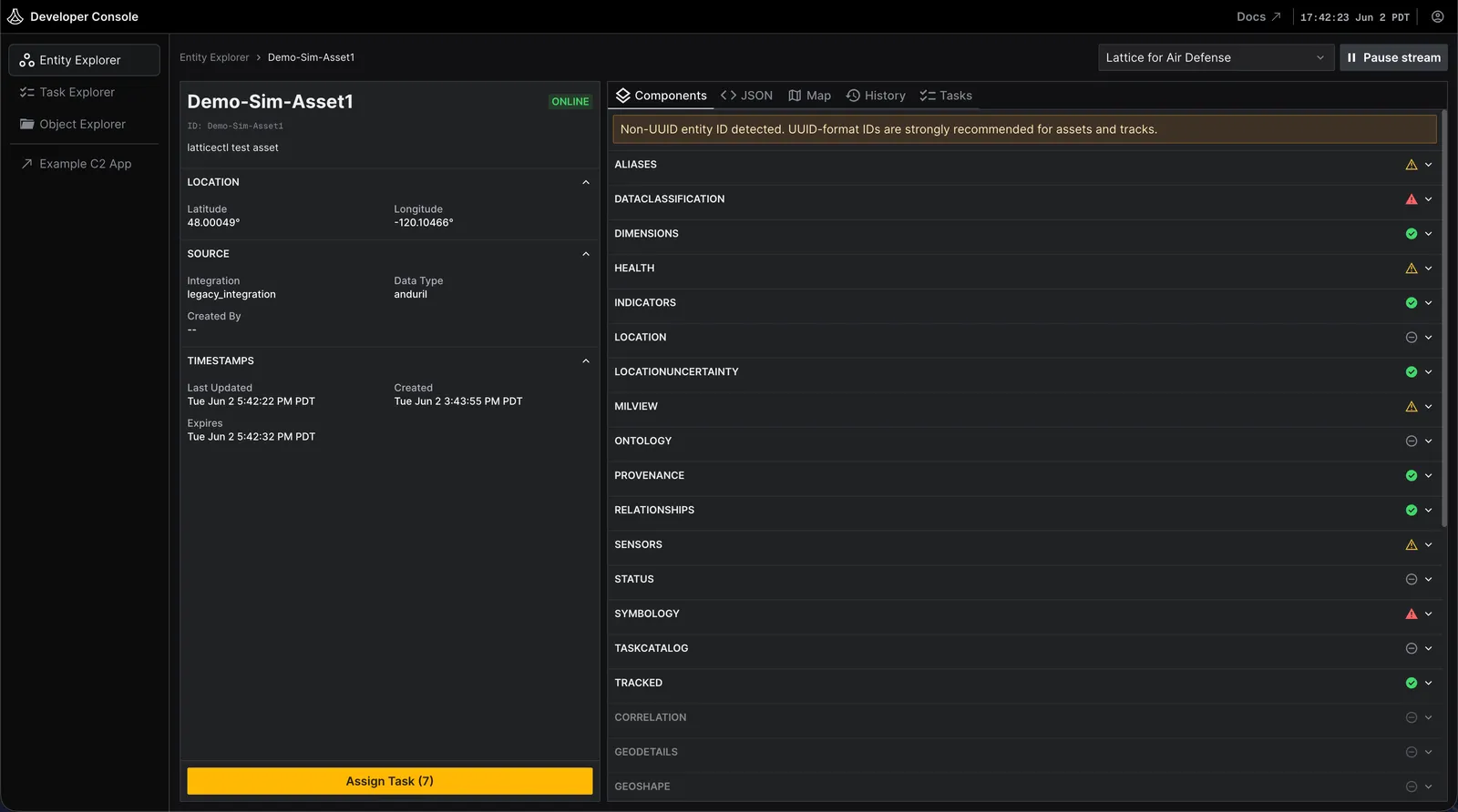 Shows an entity's detail page in the Lattice Developer Console.