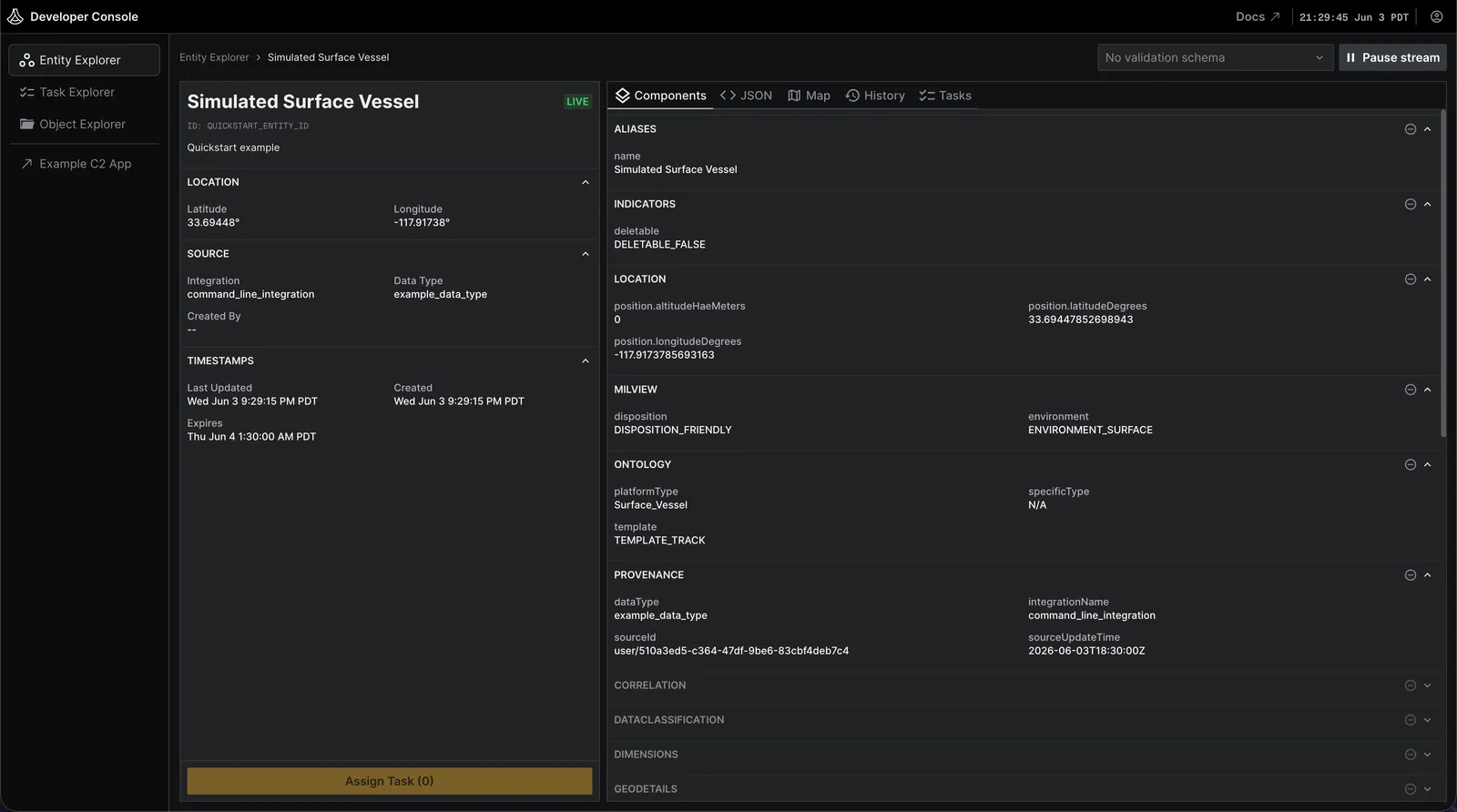 Shows the Simulated Surface Vessel's detail page in the Lattice Developer Console.