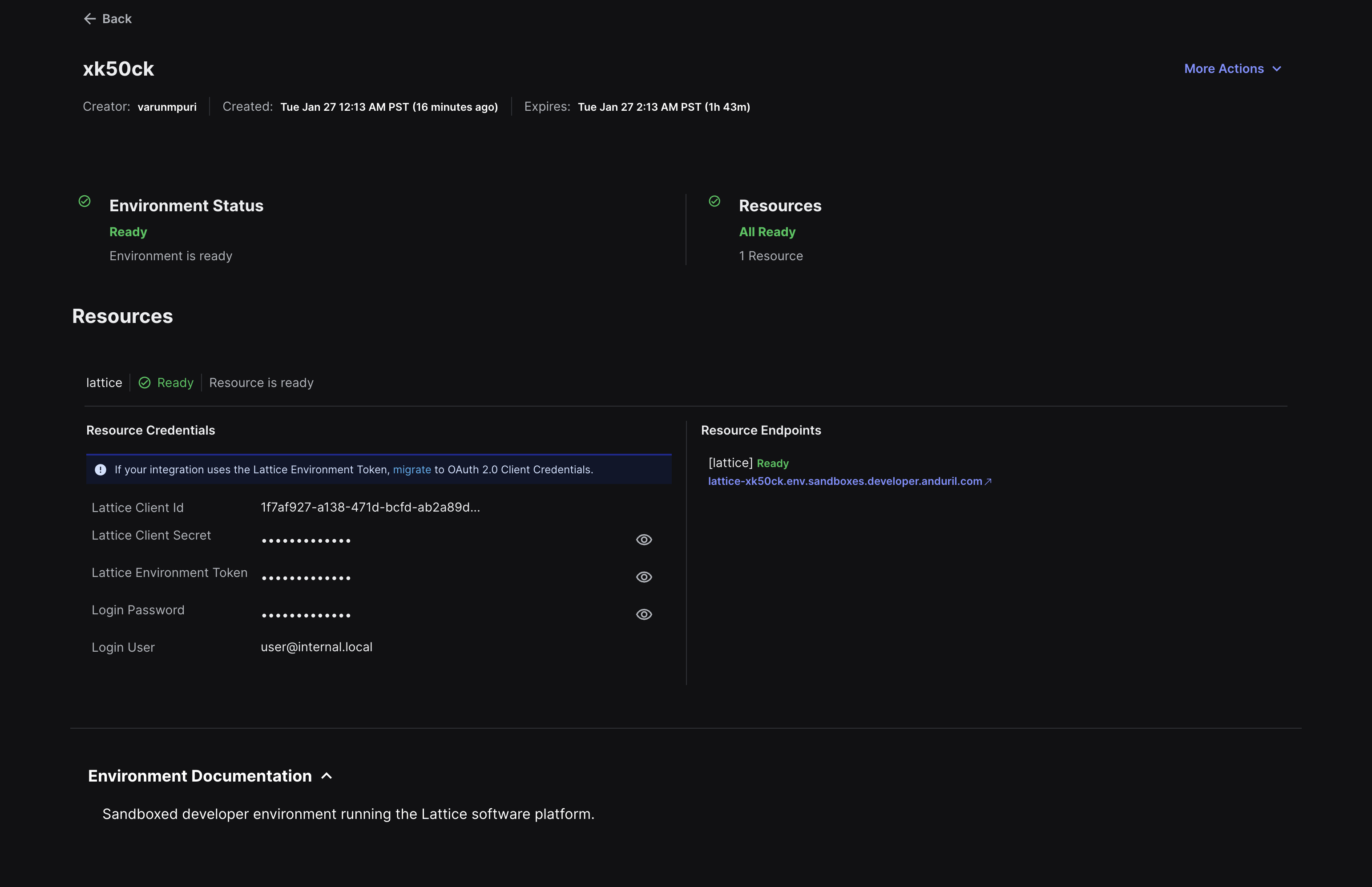 Shows the environment details page