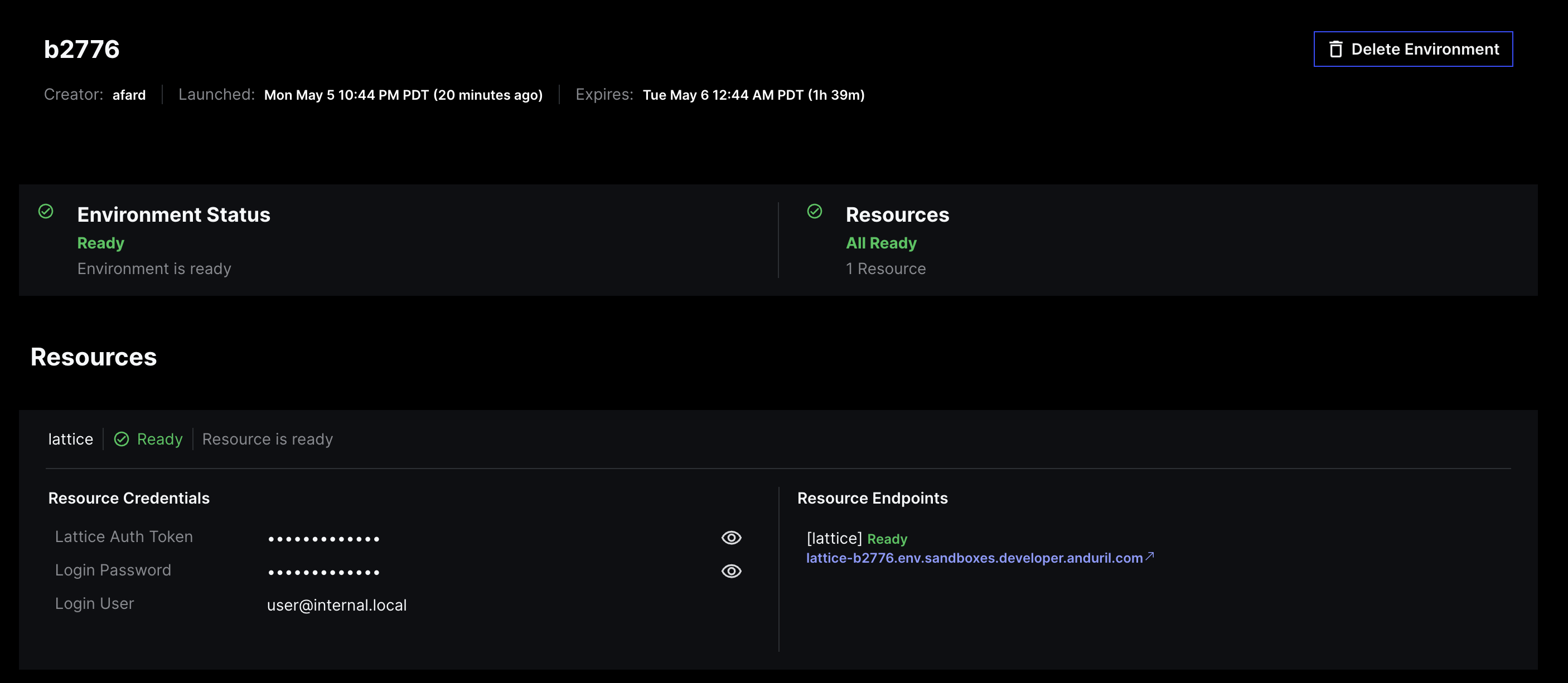 Shows the environment details page
