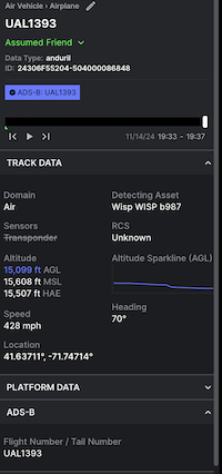 Shows an entity with the ADS-B transonder details displayed in the Lattice UI.