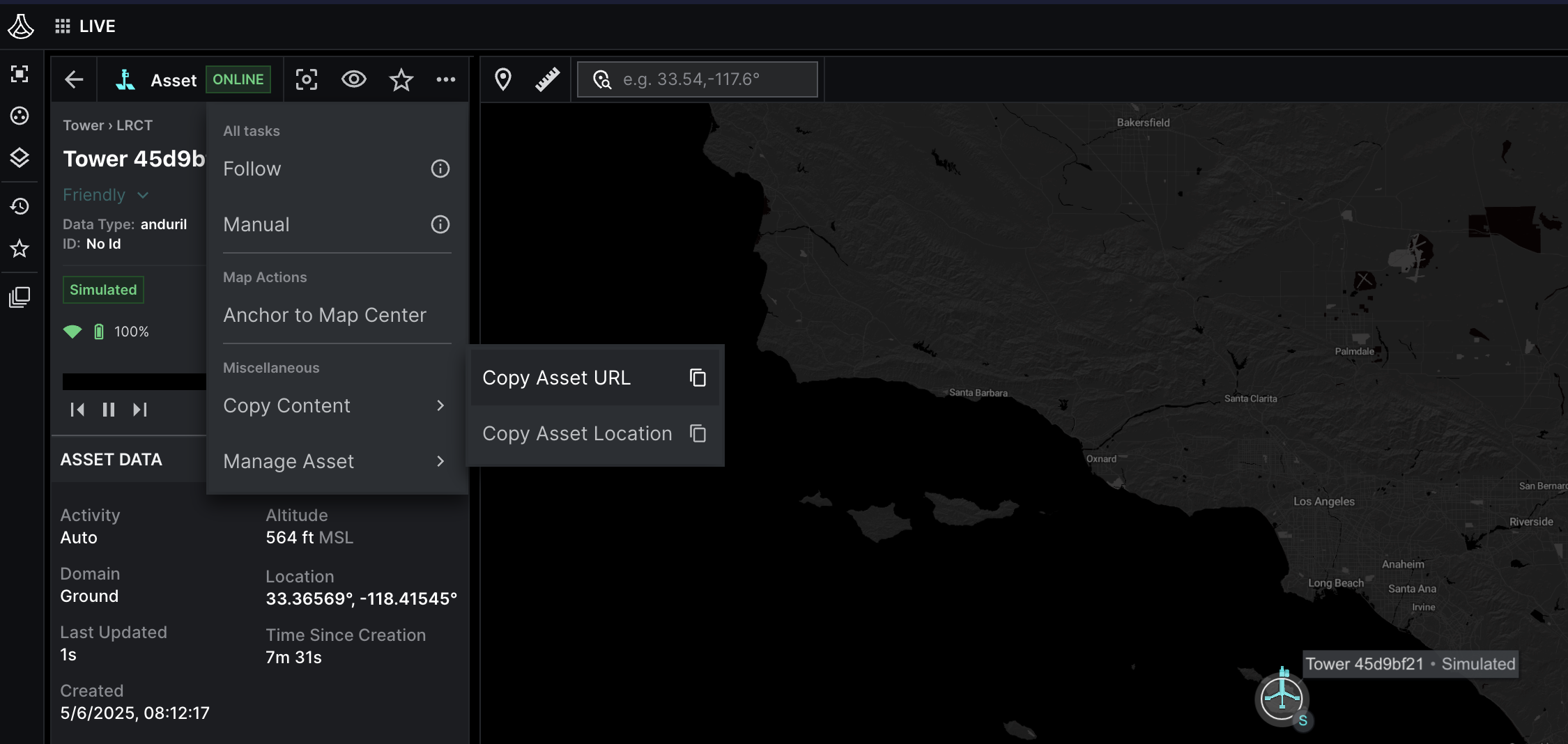 Shows the drop down menu where you can copy asset URL and find the entity ID.