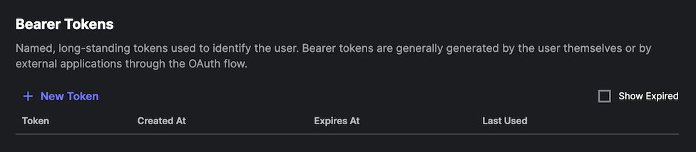 Shows the Account & Security page where you can create, and manage, your
authorization tokens.