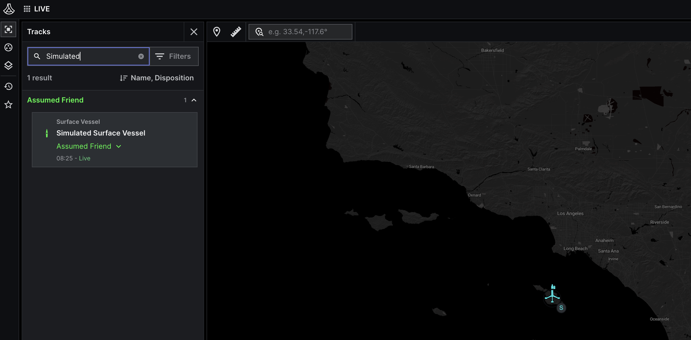 Shows the panel where you can search for the surface vessel.
