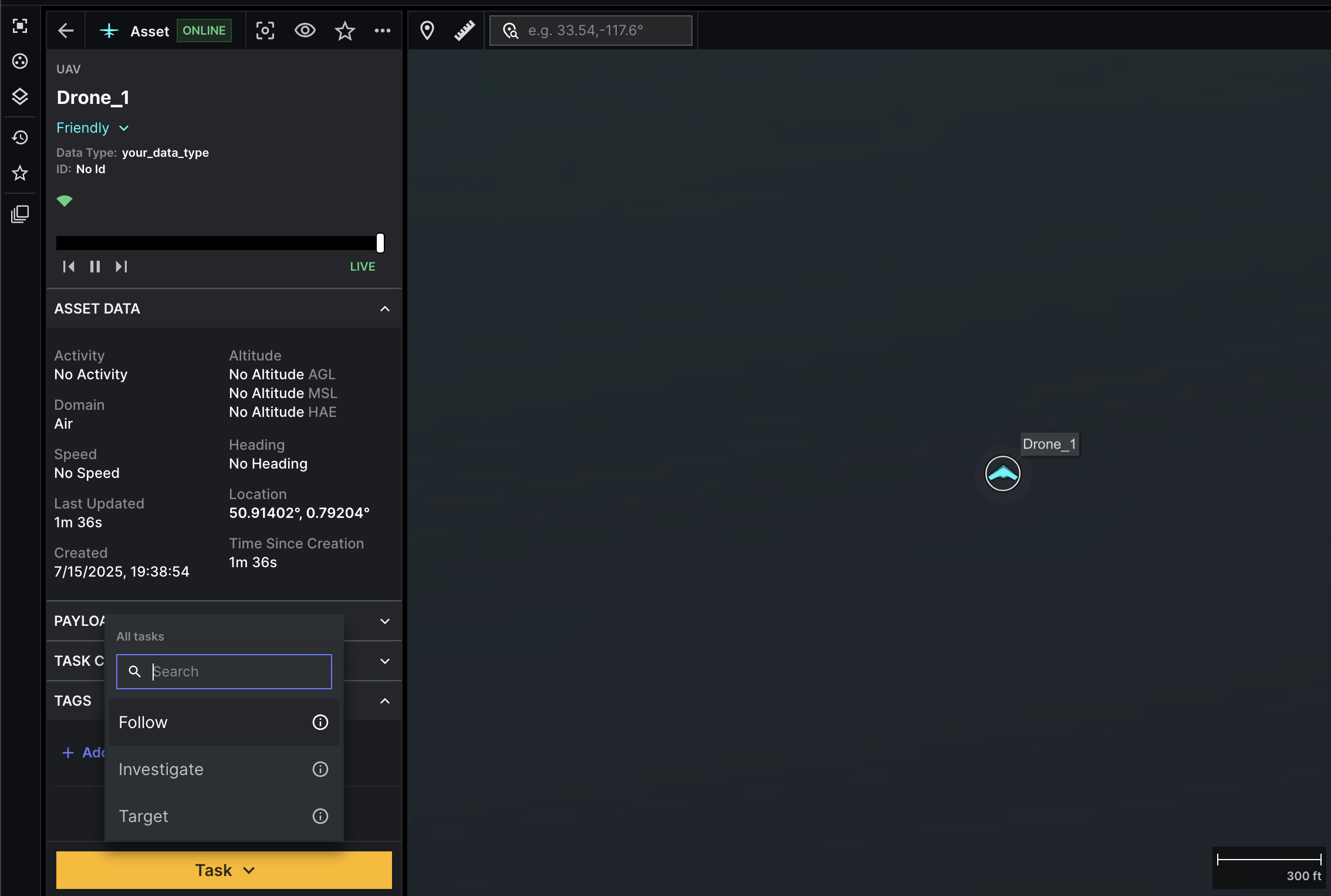 Shows the drop down menu where you can see the available tasks for the entity.