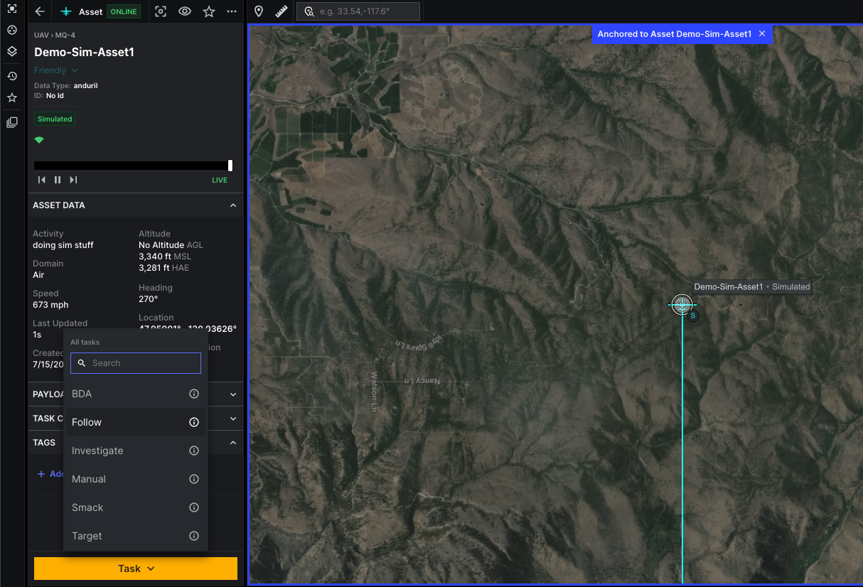 Shows the drop down menu where you can see the available tasks for the entity.
